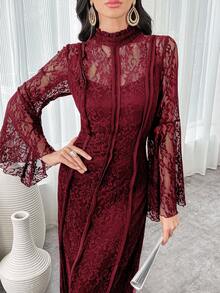 Modelyn Women's Stand Collar Flare Sleeve Lace Elegant Long Arabic Style Dress Long Evening Dresses