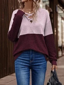SHEIN LUNE Casual Color Block Drop Shoulder Sweatshirt, Autumn - Multicolor - View 3