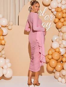 Loomaby 优雅派对纯色褶饰修身孕妇装 - 粉色 - 查看 1