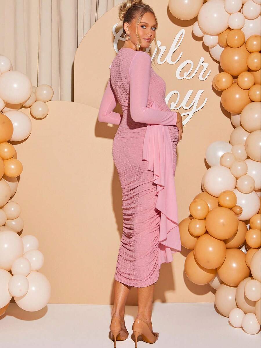 Loomaby 优雅派对纯色褶饰修身孕妇装 - 粉色 - 查看 1