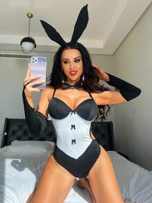 Fantasy Costume Fantasy Costume Bộ 4 món áo liền thân hình thỏ gợi cảm phối màu tương phản dễ thương. - Đen và trắng - Xem 5