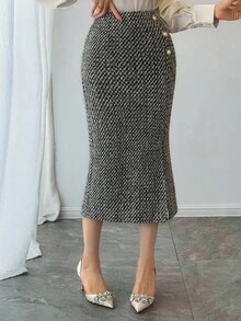 DAZY 女士优雅直筒铆钉纽扣半身裙，秋冬女装半身裙 - 灰色 - 查看 4