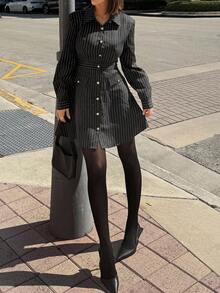 Siren Gaze 女式休闲通勤条纹前扣迷你连衣裙，秋季 - 彩色 - 查看 2