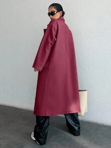 女士纯色翻领长袖双排扣休闲长款大衣 - 酒紅色 - 查看 2