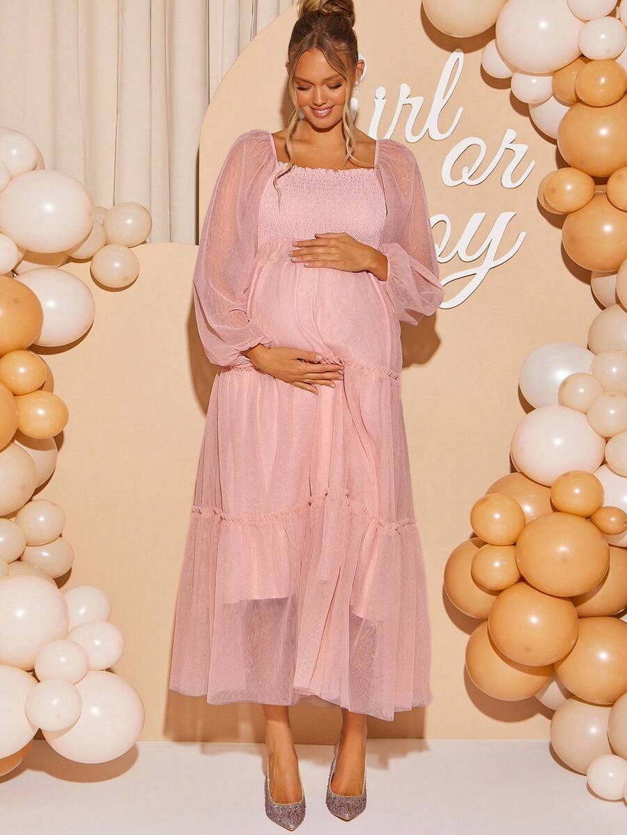 Loomaby 孕妇拼接网眼圆领长袖连衣裙 - 粉色 - 查看 1