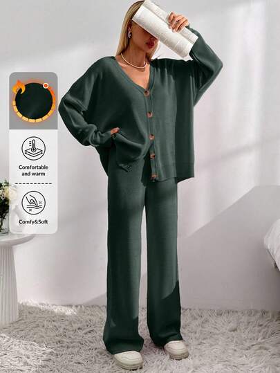 EURMUSE Drop Shoulder Cardigan & Tie Front Knit Pants