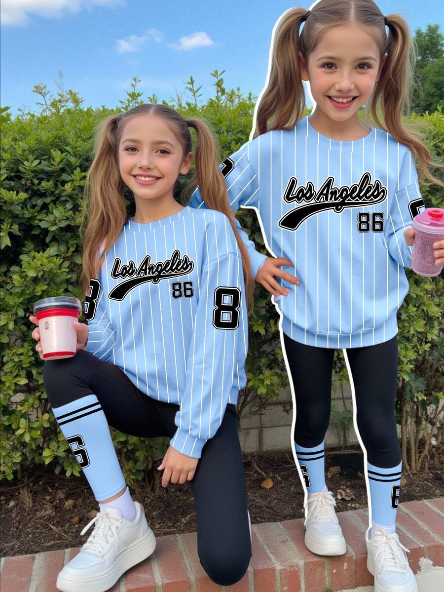 SHEIN 女孩休闲时尚创意公主风格返校数字 86 和字母图形印花运动衫和紧身裤套装，适合秋冬季 - 彩色 - 查看 1