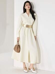 Heiryn Váy xòe xẻ tà thanh lịch dành cho nữ mặc hàng ngày, mùa thu - Màu be - Xem 6