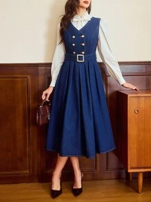 Vintamour Women's Elegant Navy Blue Denim Dress,Autumn Office Back-To-School Double-Breasted Sleeveless Pleated Hem Midi Dress With Belt & Gold Buttons,Vintage - Dark Wash - View 3