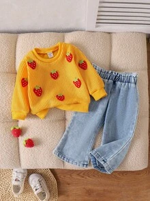 SHEIN 2pcs Baby Girl Autumn/Winter Knitted Sweater With Red Strawberry Pattern + Denim Pants Set - Yellow - View 1