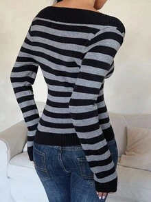 Aloruh Young Lady Off-Shoulder Colorblock Long Sleeve Fitted Cropped Sweater Autumn Winter Clothes For Women - Black - View 3