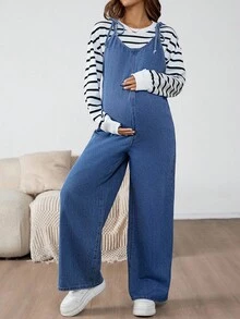 SHEIN Pregnant Fall Autumn Winter Halloween Christmas New Year Commuting Vacation Travel Old Money Style Fashionable Solid Retro Washed Women's Solid Color Knotted Strap Casual Denim Bib Pants And Blue Jumpsuit Women's Maternity Denim Overalls Adjustable Strap Wide Leg Jeans For Pregnancy Comfort