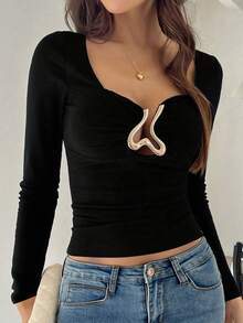 INAWLY Plus Size Women Hollow Out Metal Decor Front Long Sleeve Fitted T-Shirt - Black - View 4