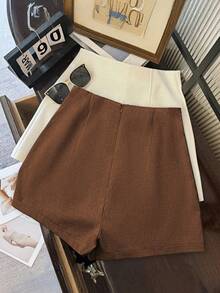 Franclia Shorts feminino super minimalista e moderno, cinza escuro, cintura alta, com zíper nas costas, ideal para o dia a dia, encontros e ocasiões românticas - Ferrugem Marrom - Ver 2