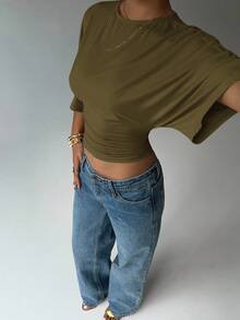 Aloruh Women's Casual Solid Color Short Fitted T-Shirts - Army Green - View 5