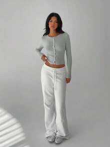 FavEase Áo khoác cardigan nữ dáng ôm cài nút phía trước màu trơn, đa năng - Xám - Xem 3