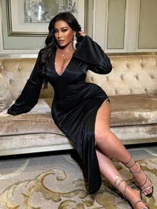 NU&NOW 大码长袖深V领开衩性感时尚优雅浪漫连衣裙 - 黑色 - 查看 6