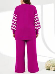Striped Color Block Sweater And Pants Two Pieces Set - Hot Pink - View 2