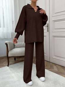 EURMUSE Rib Pattern Polo Neck Sweater And Pant 2pcs Set - Brown - View 7