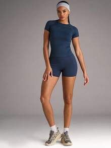 SHEIN BAE Seamless High Stretch Wide Waistband Sports Shorts Legging Shorts Blue ShortsWomen Sweat Short, Gym Short, Biker Short - Navy Blue - View 10