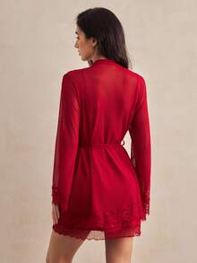 Charlaine Women's Contrast Lace Camisole Nightgown And Tie Waist Sheer Robe Set - Burgundy - View 3