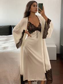 DAZY Women's Sleepwear Pajama Set: Contrast Color Lace Patchwork Belted Robe & Slip Sleep Dress Pajama Fall Winter Clothes - Apricot - View 4