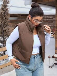 SHEIN EZwear Plus Size Solid Casual Zip Up Vest Winter Coat - Coffee Brown - View 9