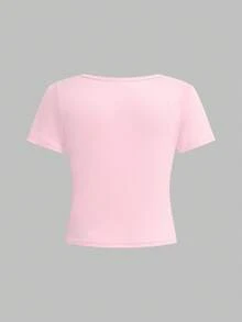 SHEIN Tricou slim fit pentru fete, cu imprimeu floral, guler rotund, mânecă scurtă, confortabil și potrivit pentru vară - Multicolor - Vizualizare 2