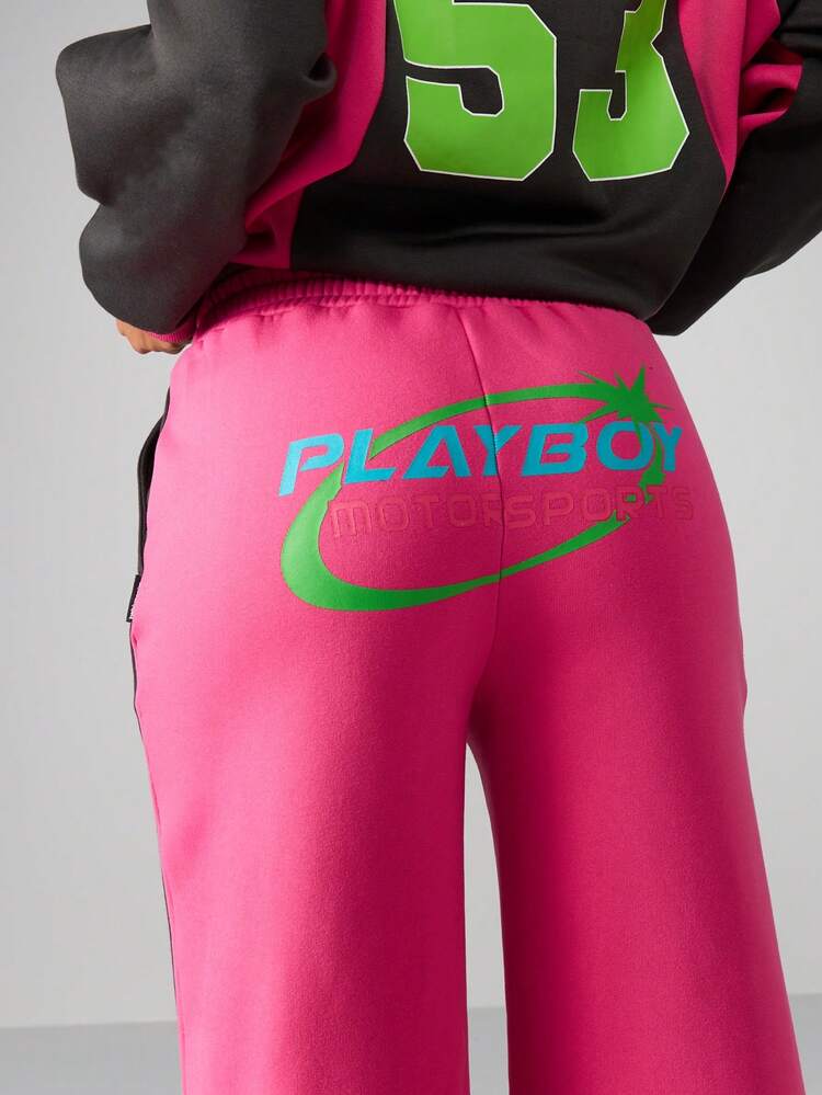 Missguided x Playboy Motorsport Wide Leg Joggers Color Block Design Varsity Style Sweatpants Streetwear Fashion High Rise Pants With Drawstring Waistband Festival Wear