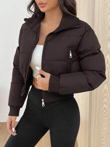 SHEIN EZwear Áo khoác đệm lót phía trước có khóa kéo màu trơn dành cho nữ vào mùa thu/đông - Cà phê nâu - Xem 4
