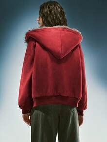 Airlisse Reversible Burgundy Faux Suede & Faux Fur Lining Padded Coat, Autumn/Winter - Red - View 3