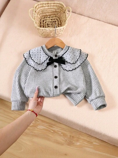 SHEIN 少女甜美可爱长袖波点网纱荷叶边领外套，配黑色丝绒蝴蝶结和金色镶边纽扣，舒适单件，适合春秋季开学季及全年穿着。