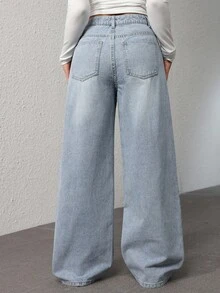 SHEIN PETITE 女式休闲水洗阔腿牛仔裤 - 淺色水洗藍 - 查看 3