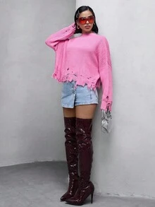 EURMUSE 女士纯色落肩长袖流苏下摆宽松休闲毛衣 - 粉色 - 查看 5