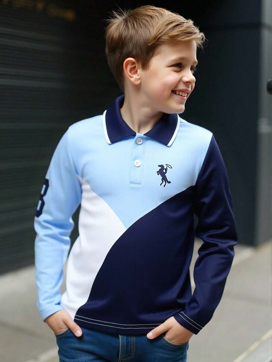 1pc Young Boy Casual Polo Shirt, Collared Colorblock Long Sleeve Polo Shirt Fall Winter - Blue - View 1