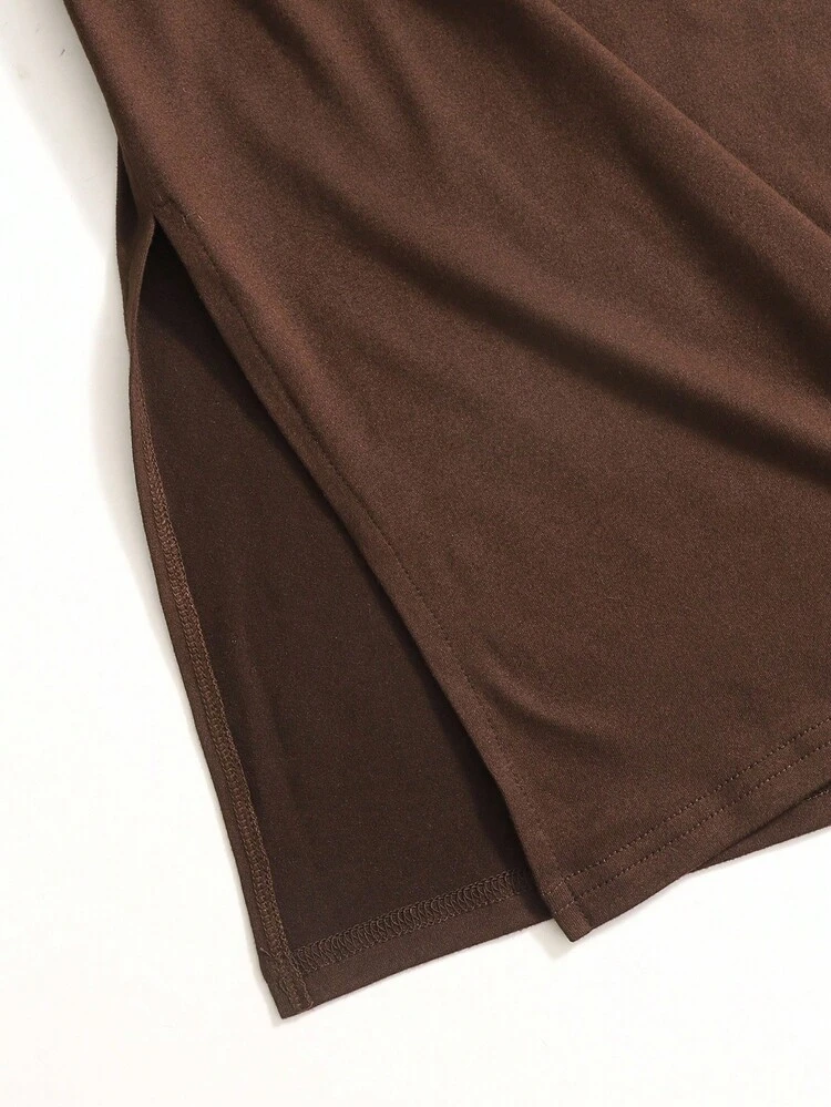 ティーンガールのソリッドカラーニットフーデッドカジュアルドレス - モカブラウン - 見る 3