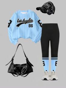 SHEIN 女孩休闲时尚创意公主风格返校数字 86 和字母图形印花运动衫和紧身裤套装，适合秋冬季 - 彩色 - 查看 3