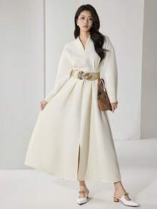 Heiryn Váy xòe xẻ tà thanh lịch dành cho nữ mặc hàng ngày, mùa thu - Màu be - Xem 4