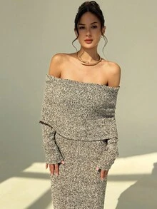 Aloruh Vestido largo de mujer elegante con hombros descubiertos y falso pelo, para otoño/invierno - Caqui - Ver 5