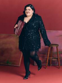 SHEIN BAE Chaqueta de blazer ajustada con perlas negras y flecos para mujer de talla grande, para fiesta de Halloween, otoño/invierno - Negro - Ver 1