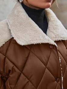 SHEIN Cottnline Padded Jacket With Fur Collar And Patchwork, Two Pockets At Front, Snap Buttons, Quilting Details Streetwear - Brown - View 9