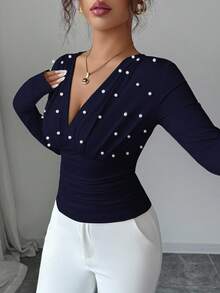 SHEIN Elenzya 女式深V领长袖修身时尚优雅T恤，带仿珍珠装饰 - 寶藍色 - 查看 6