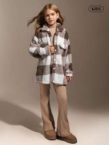 Hanevo 3pcs Tween Girl Collar Plaid Long Sleeve Jacket And Solid High Neck Rib Knit Top And Solid Rib Knit Flared Pants Set - Brown - View 1