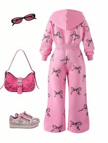 Sparklyn Girls' Casual Everyday Sports Pink Bow Print Long Sleeve Hooded Zip-Up Jumpsuit, Comfortable Waist-Cinched Minimalist Chic Girl Romper For Spring Autumn 90s Kids Outfit Cherry Outfit Pink Girl Outfit Pop Star Outfit Kids - Pink - View 2