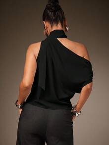 Hauture Sexy Mob Wife Party Casual One Shoulder Neck Scarf Ruched Blouse Top - Black - View 2