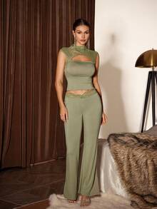 Slumberist 模特面料性感镂空前领口蕾丝拼布后腰女士睡衣套装2件套休闲套装女士内衣套装绿色透视上衣女士休闲套装睡衣套装绿色 - 橄欖綠 - 查看 5