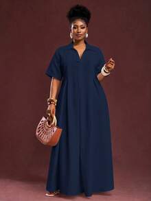 Slaydiva 2025 Spring/Summer New Arrival Vacation & Commute & Casual White Loose Short Sleeve V-Neck Pleated A-Line Maxi Shirt Dress For Plus Size Women