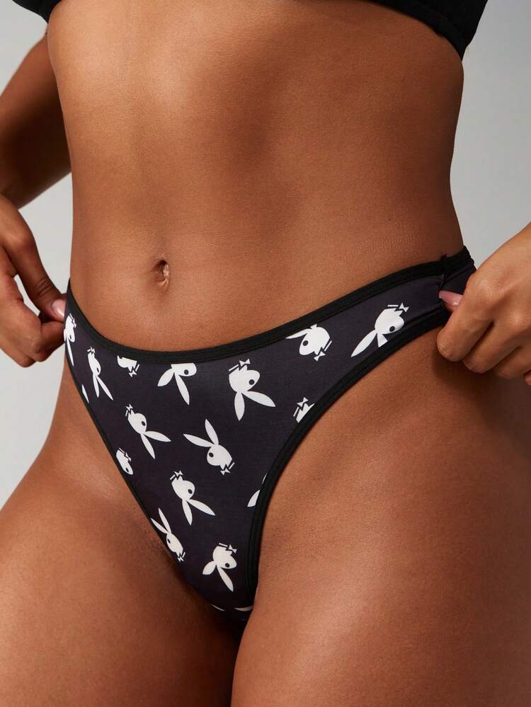 Missguided x Playboy Bunny Print Thong Underwear High Cut Leg Bottoms Seamless Comfort V-String Panty All Over Print Logo Pattern Comfortable Stretch Fit Underwear