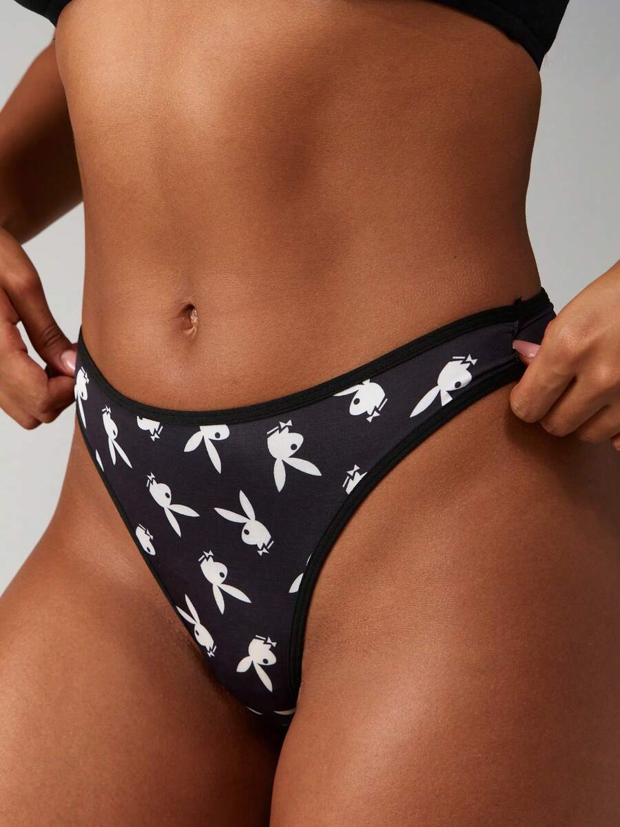 Missguided x Playboy 兔子印花丁字裤高腰裤无缝舒适V字裤全身印花标志图案舒适弹力贴身内裤 - 黑與白 - 查看 1