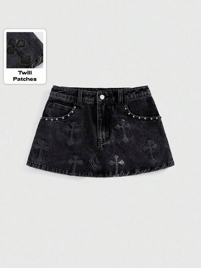 Grunge Punk Women's Embroidered Cross Denim Mini Skirt